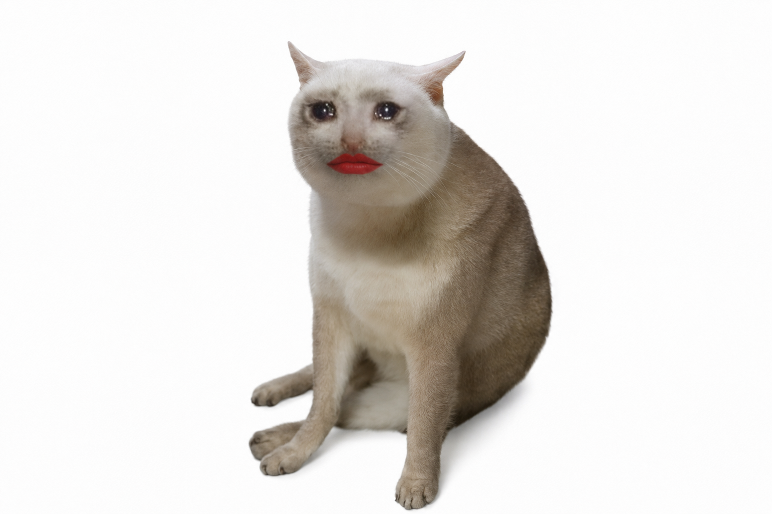 Crying cat wearing red lipstick